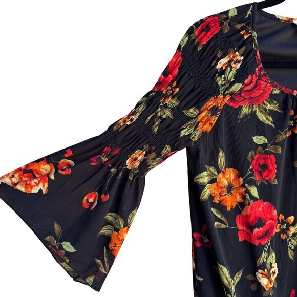 Ember Womens Floral Boho Ruched Bell Sleeves Elastic Hem Flowy Shirt Blouse M - Picture 4 of 11